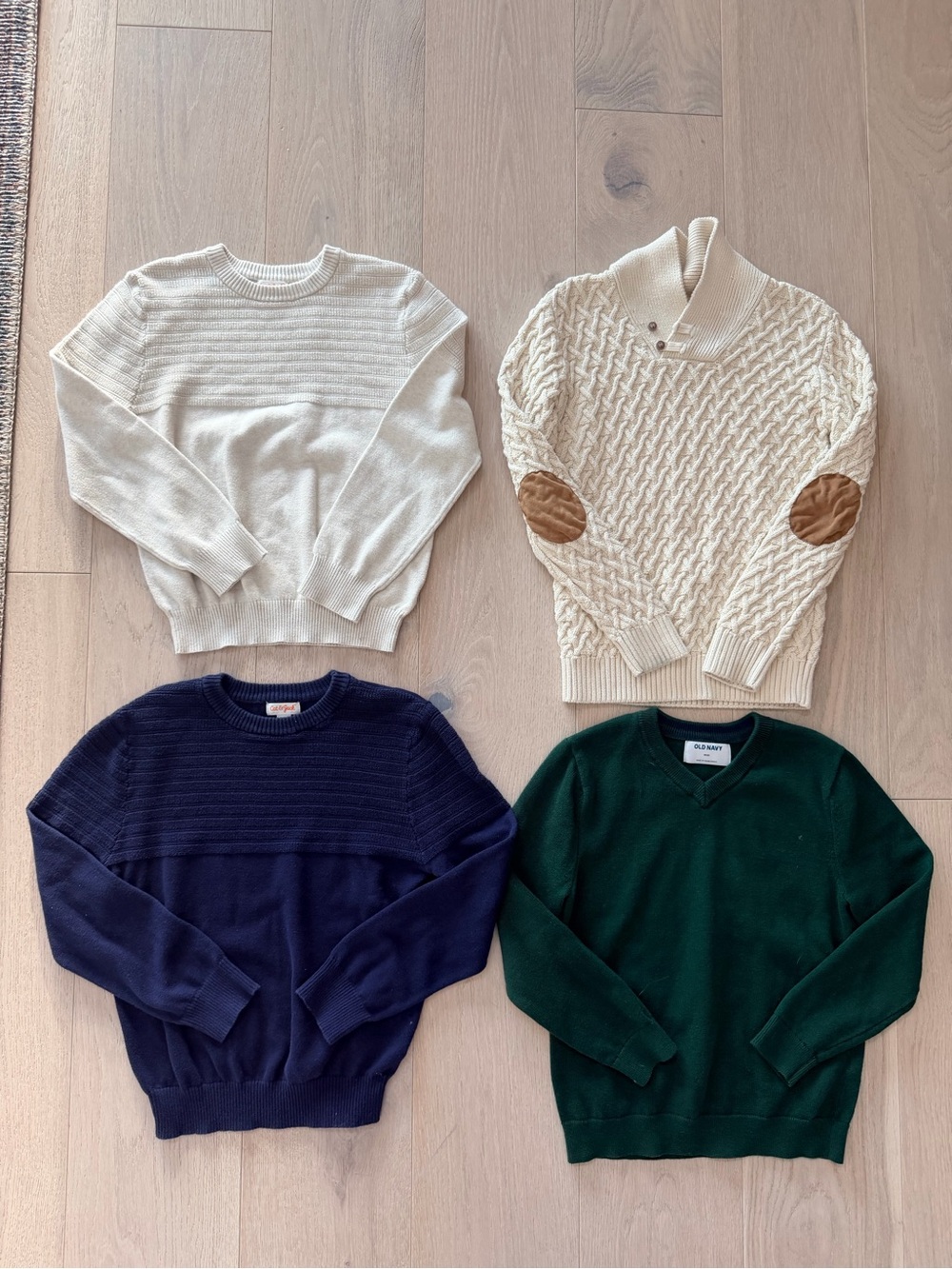 Old Navy Cream Cable-Knit Shawl Collar Sweater with Brown Elbow Patches